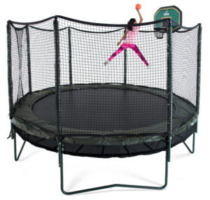 girl playing basketball on her double bounce trampoline
