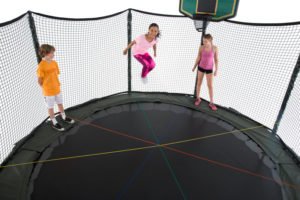 kids playing basketball on their double bounce trampoline