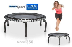 woman jumping and pointing on her fitness trampoline