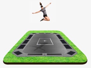 girl in grey shirt jumping on trampoline