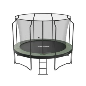 12 ft round trampoline with net and ladder, dark green outer edge.