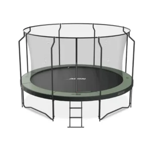 14 ft round trampoline with net and ladder, dark green outer edge.