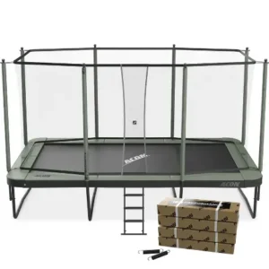 ACON 16 inch rectangular trampoline with a net and ladder, built. With the boxes it comes in unopened in front of it.