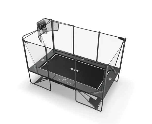 Trampoline black basketball hoop with net around the sides of the trampoline from a top view.