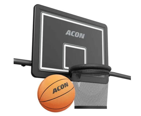 Acon black basketball backboard, with a hoop with net attached to it, and a basketball in the photo.