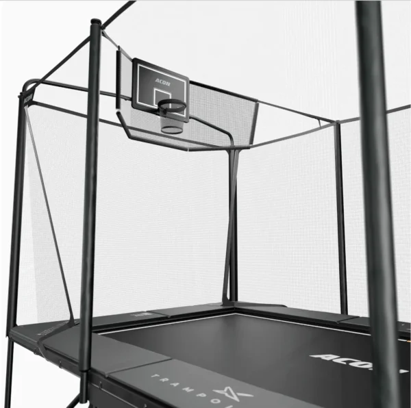 Trampoline black basketball hoop with net around the sides of the trampoline.