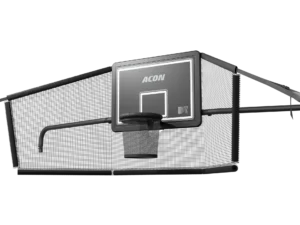 A black basketball with hoop and backboard with nets on the sides on a white background.