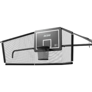 A black basketball with hoop and backboard with nets on the sides on a white background.