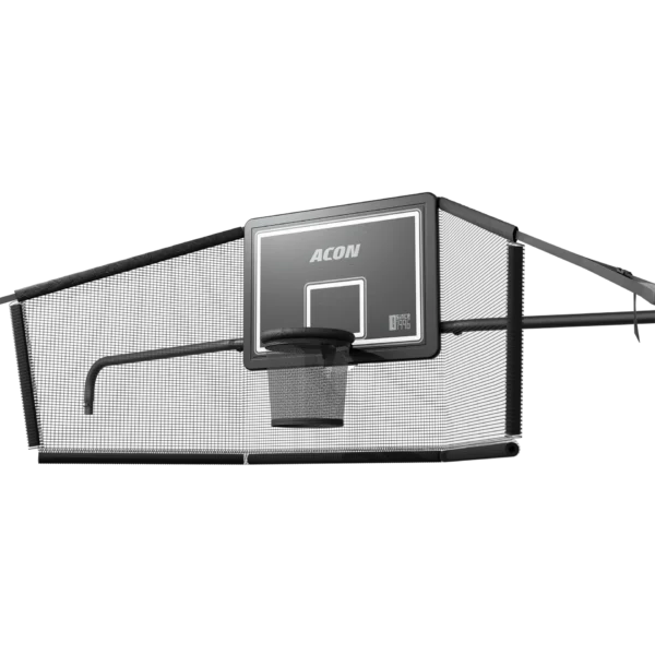 Trampoline black basketball hoop with net behind the backboard.