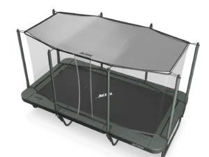 Rectangular trampoline shade covering trampoline, black/grey coloring.