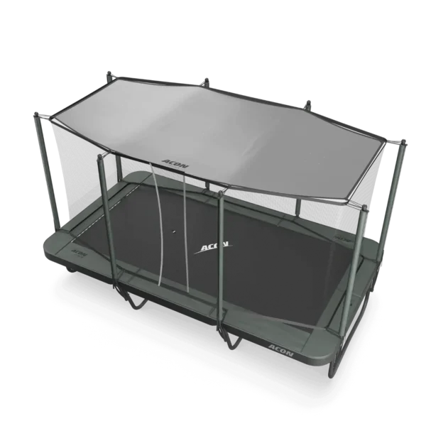 Rectangular trampoline shade covering trampoline, black/grey coloring.