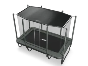 Rectangular trampoline shade covering trampoline, black coloring.
