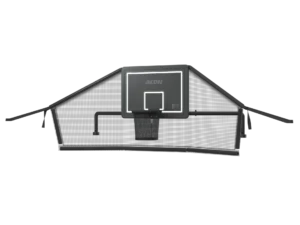 Trampoline black basketball hoop with net behind the backboard.