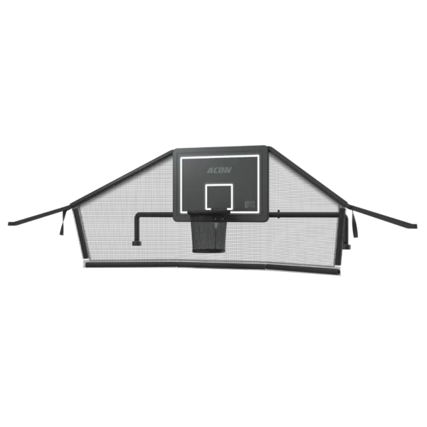 Trampoline black basketball hoop with net behind the backboard.