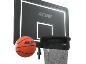 Acon black basketball backboard, with a hoop with net attached to it, and a basketball in the photo.