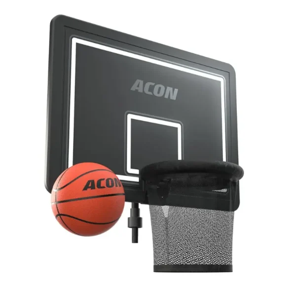 Acon black basketball backboard, with a hoop with net attached to it, and a basketball in the photo.