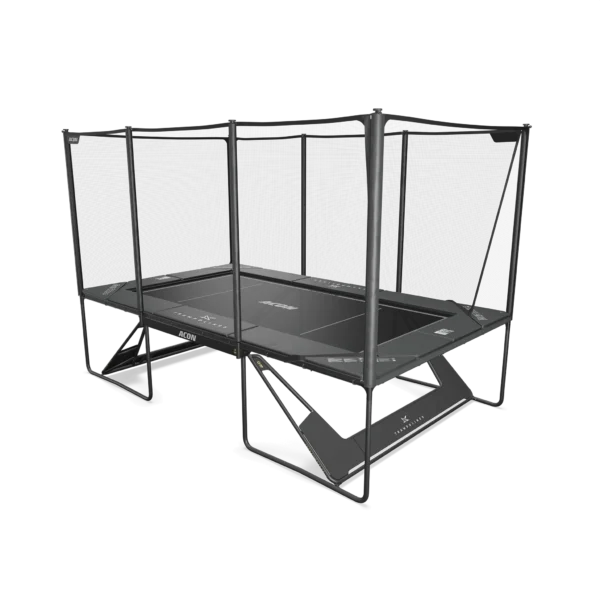 Image of the performance mat installed on the rectangle trampoline, black, full view.