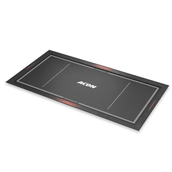 Stylized image of Acon rectangle performance mat shown at a dynamic angle, black and grey says ACON in the middle.