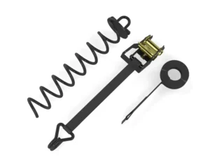 A black anchor for trampoline, with spiral, ratchet, and strap.