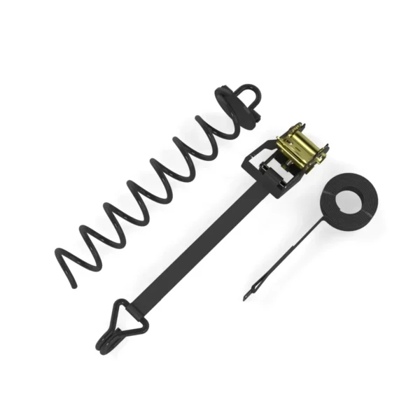 A black anchor for trampoline, with spiral, ratchet, and strap.