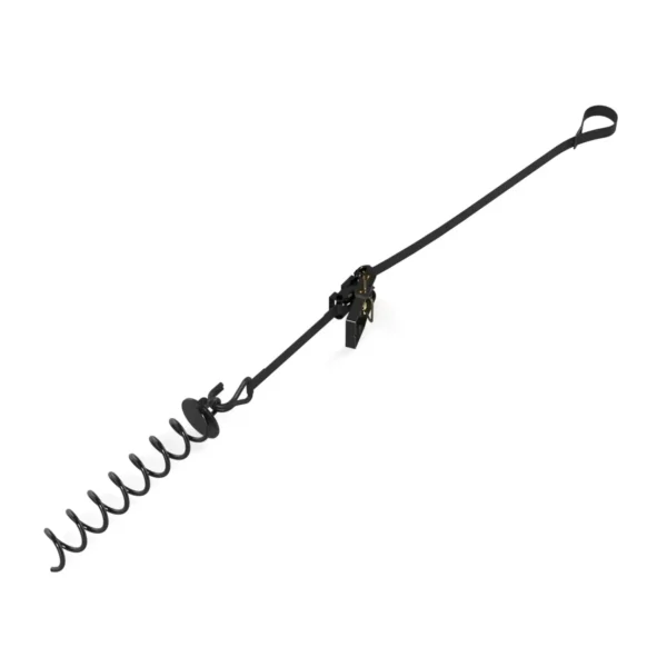 A black anchor for trampoline, with spiral, ratchet, and strap put together.