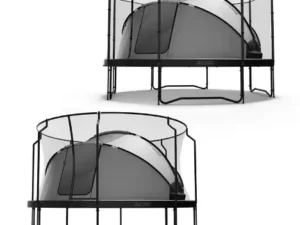 Tent on a trampoline, round, with a net around the trampoline.