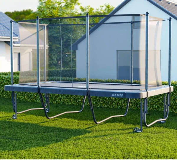 A rectangular trampoline on wheels that can move easily.