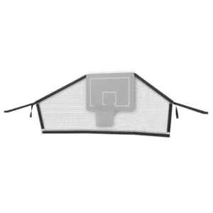 Black basketball hoop with net for trampoline that says ACON on it with a net to the sides to keep ball from leaving the trampoline.