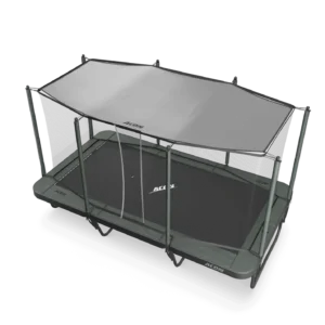 Rectangular trampoline with a grey shade over the top of it, overhead view.