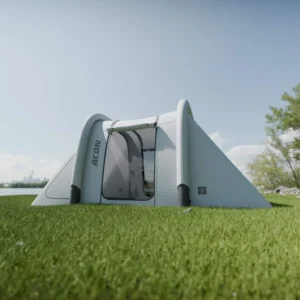 Light grey trampoline tent that is rectangular and covers the trampoline, on a bed of grass.