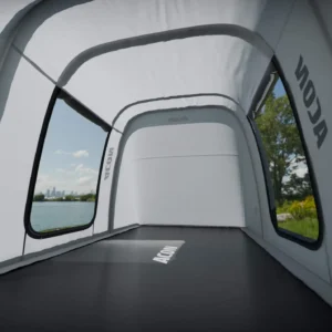 Light grey trampoline tent that is rectangular, a view of the inside with rounded top corners.