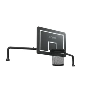 Black basketball hoop with net for trampoline that says ACON on it.
