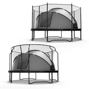 Grey trampoline tent that is round and covers the trampoline, with net around the trampoline.