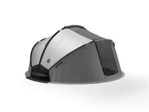 Grey trampoline tent that is round and covers the trampoline.