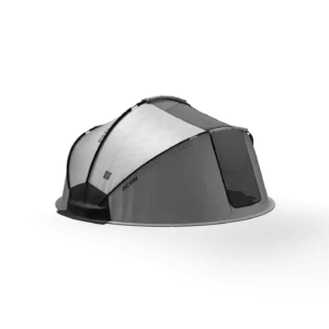 Grey trampoline tent that is round and covers the trampoline.