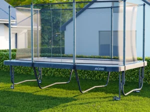 A rectangular trampoline on wheels on all 4 sides.
